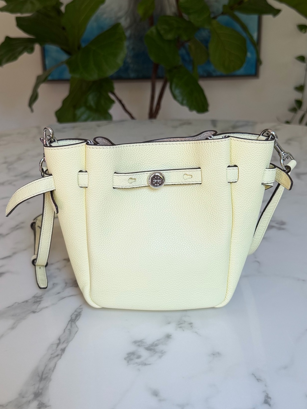 Tory Burch Small Romy Small Leather Crossbody Bag Lemon Souffle / Silver